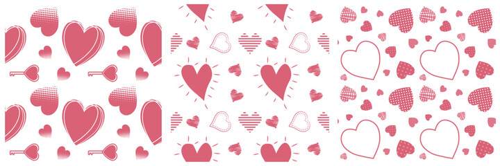 Collection of red and pink hearts seamless pattern transparent on a white background