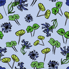 Vector Blue Flowers and leaves Summertime pattern background