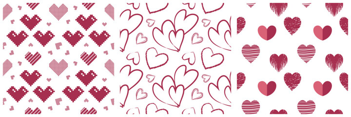 Collection of red and pink hearts seamless pattern transparent on a white background