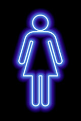 A simple stylized symbol of a woman. Female sign. Blue neon outline on a black background. Sign women's toilet.