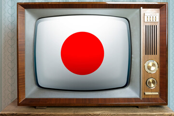 old tube vintage TV with the national flag of Japan on the screen, stylish 60s interior, the...
