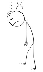 Tired, Frustrated or Sad Person Walking, Vector Cartoon Stick Figure Illustration