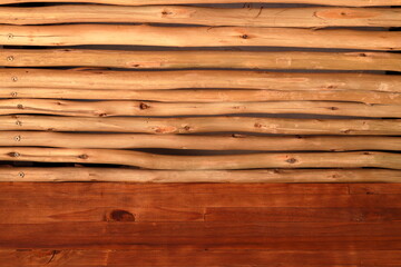 Close up abstract view of horizontal slatted wooden bamboo poles tied together in a row . Concept...