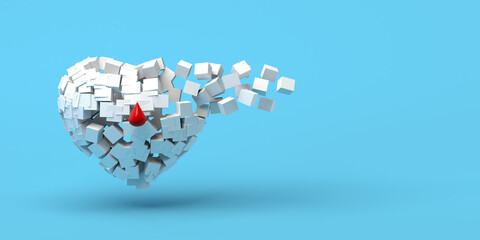 Heart of sugar and blood drop. World Diabetes Day. Copy space. 3D render.