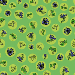 Vector Green rounds with Flowers and leaves Summertime pattern background