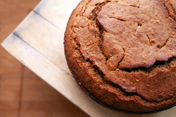 Tasty homemade cake. Home made bakery. Banana bread on wooden background, top view.