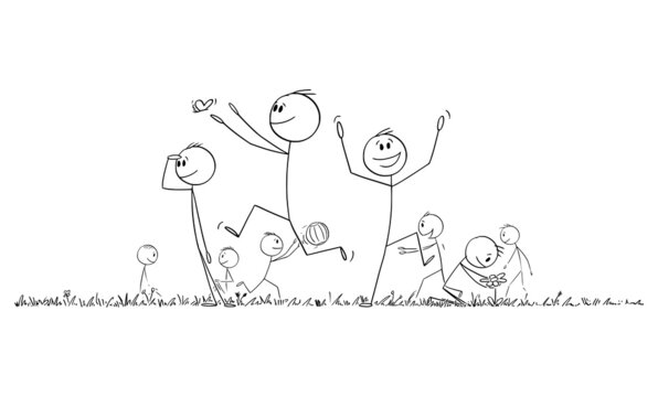 Group of Happy People Playing and Enjoying Outdoor , Vector Cartoon Stick Figure Illustration