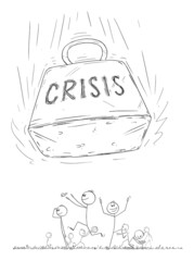 Happy People Enjoying Fun and Ignoring Incoming Crisis, Vector Cartoon Stick Figure Illustration