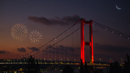 15 July Turkey Democracy and National Unity Day, 15 Temmuz Bridge at night, 15 Temmuz Sehitler Koprusu, Turkey renames Bosporus Bridge 15th July Martyrs Bridge