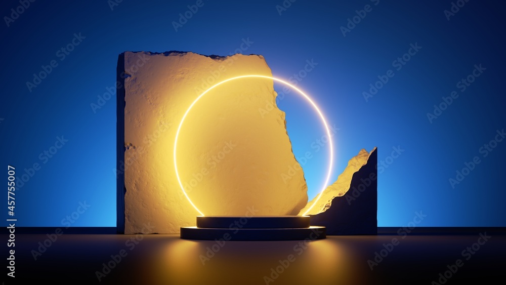Poster 3d render, abstract minimal yellow blue neon background with glowing round frame and cobblestone rui