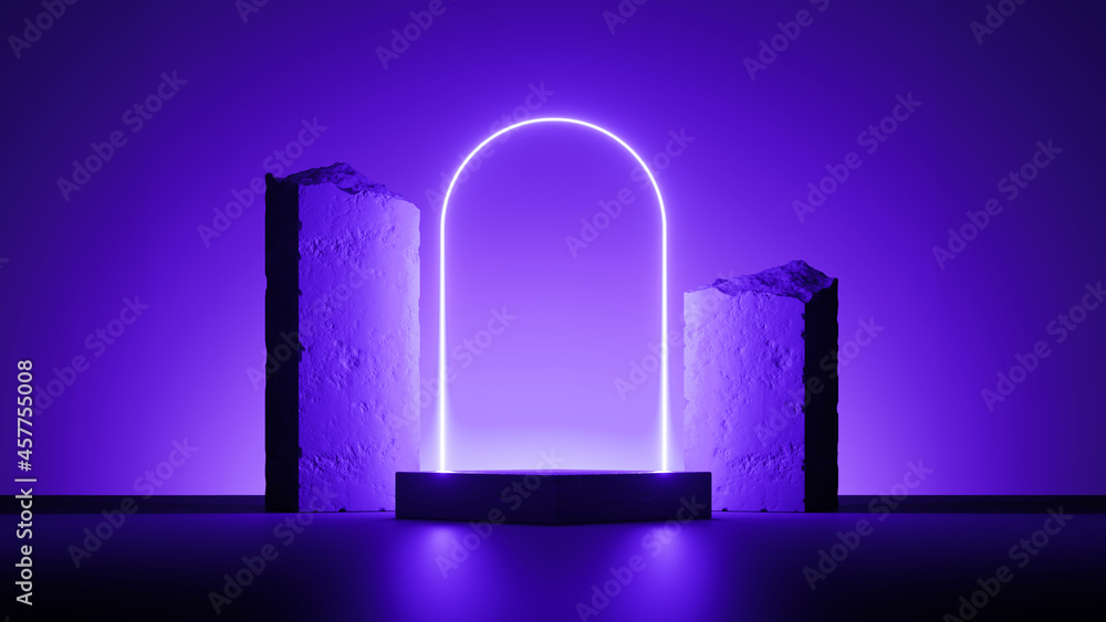 Poster 3d render, abstract modern minimal ultraviolet background with empty podium, glowing neon arch and b