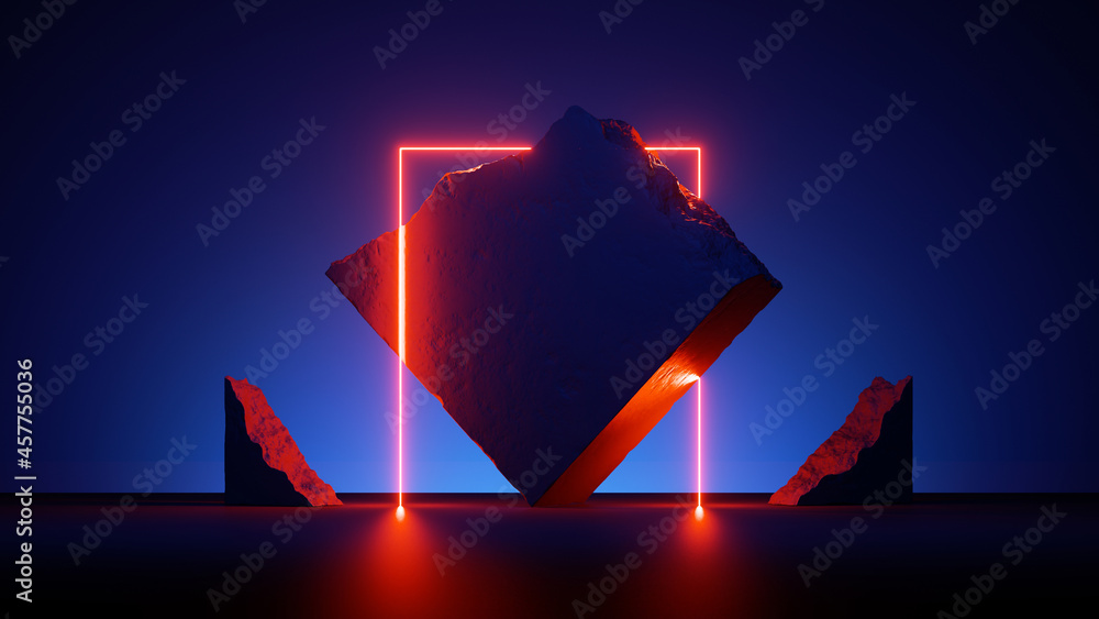 Aufkleber 3d render, minimal neon background with red glowing line and cobblestone ruins. abstract showcase sc