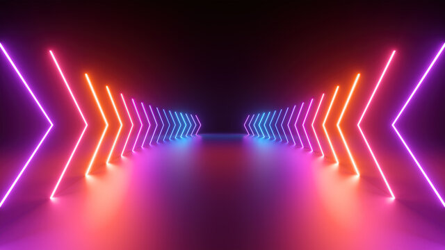3d render, gradient glowing neon arrows, abstract wide background, direction concept