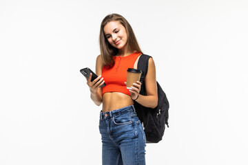 Young beautiful woman using smart phone with coffee isolated on white background