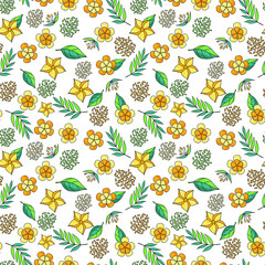 summer yellow tropical flowers and leaves and dots seamless vector pattern on white background