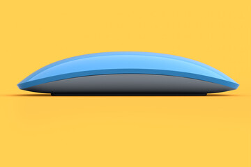 Realistic blue wireless computer mouse with touch isolated on orange background.