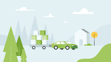 Fototapeta premium Car pickup with trailer. Out of home, outdoor advertising. Vector illustration, flat cartoon style. Isolated on white background.