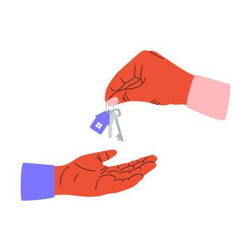 A flat vector cartoon illustration of a hand giving the keys to the house to another hand. The concept of buying or selling real estate. Isolated design on a white background.