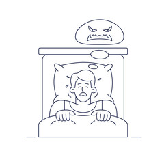 Nightmare vector illustration. Man character has a bad dream, is scared of monster from nightmare.Line art design, editable stroke. Sleeping disorder, adult nightmares, bad dream concept for web