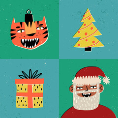 Funky Christmas, New Year patchwork seamless pattern. Decorated Christmas tree, present, Tiger bauble, happy Santa Claus