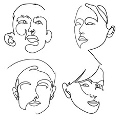 Young men and women Face line art hand drawn sketch