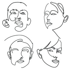 Continuous line  art , drawing of set faces and hairstyle, fashion concept, woman beauty minimalist, vector illustration for t-shirt, slogan design print graphics style