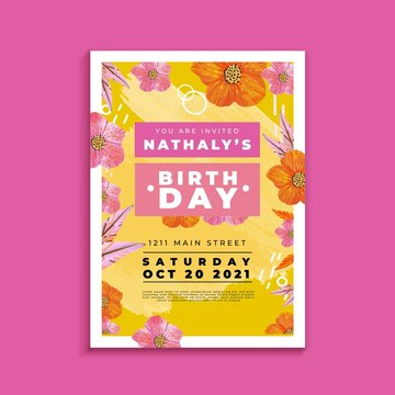 birthday invitation with colorful flowers vector design illustration