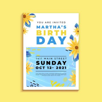 birthday invitation with colourful flowers vector design illustration