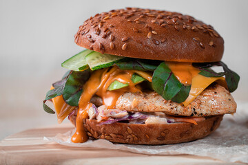 Close-up homemade burger with chicken breast and vegetables. Burger with sesame bun, fried chicken breast, one melty slices of cheese, avocado, salad, cucumbers, coleslaw