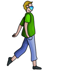 Vector printable character illustration: Walking man wearing face mask 