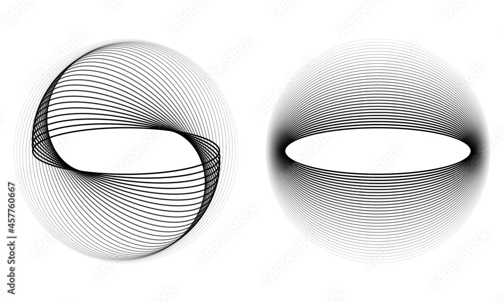 Poster Circle with distorted lines. Waves and circular logo or icon. Abstract geometric shape with halftone and transition.