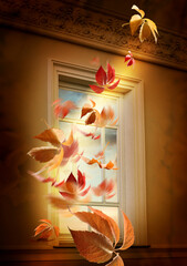 window and falling autumn leaves