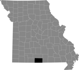 Black highlighted location map of the Ozark County inside gray map of the Federal State of Missouri, USA