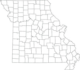 White blank vector map of the Federal State of Missouri, USA with black borders of its counties