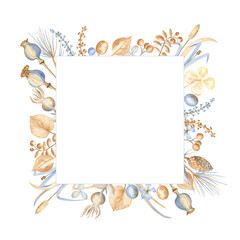 Vintage-style autumn square frame of herbs, poppy bulbs, pinecones, small berries, dried leaves and lavender flowers. Watercolor hand drawn composition on white isolated background. 