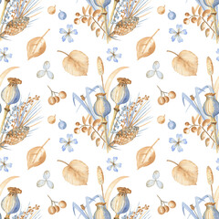 Herbal seamless pattern in farmhouse style with autumn leaves, poppy bulbs, grass, pine cones, berries and wildflowers. Watercolor hand drawn elements, white isolated background. 