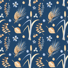 Autumn seamless pattern with herbs, pinecones, leaves, berries and wildflowers. Watercolor hand drawn elements on navy blue background. 