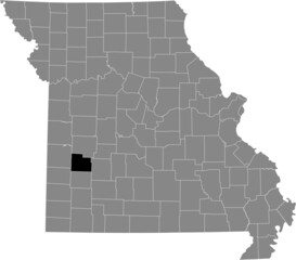 Black highlighted location map of the Cedar County	inside gray map of the Federal State of Missouri, USA