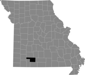 Black highlighted location map of the Christian County inside gray map of the Federal State of Missouri, USA