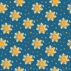 Sun seamless pattern. Kid’s graphic. Cute yellow sun and dots on a blue background. Nursery art 