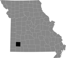 Black highlighted location map of the Lawrence County inside gray map of the Federal State of Missouri, USA