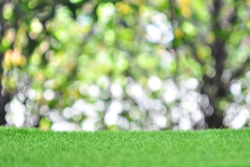 Green artificial grass on natural daylight bokeh blur background