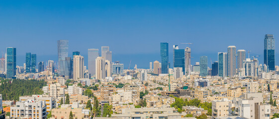 Tel Aviv Skyline And Ramat Gan Cityscape at day. Aerial View,  Tel Aviv Cityscape Panorama At Day, Israel