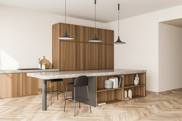 Corner view on bright kitchen room interior with bar stool