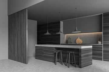 Corner view of modern grey kitchen with dark wood materials