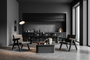 Dark kitchen room interior with dining table, six chairs