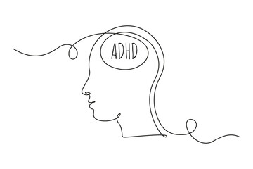 ADHD concept with man head. One continuous line drawing of messy thoughts and mental Attention disorder. Vector illustration - obrazy, fototapety, plakaty