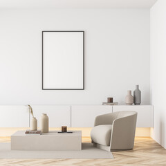 Bright living room interior with white empty poster and armchair