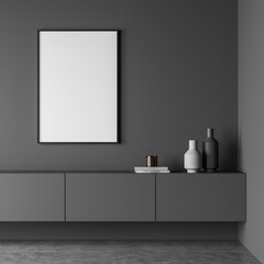 Dark living room interior with white empty poster, sideboard