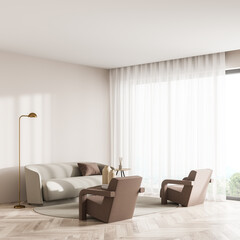 Bright living room interior with empty wall, two armchairs, sofa